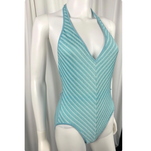Vintage 1970’s 1980’s Bobbie Brooks Baby Blue Striped One Piece Bathing Suit • S - Picture 5 of 9